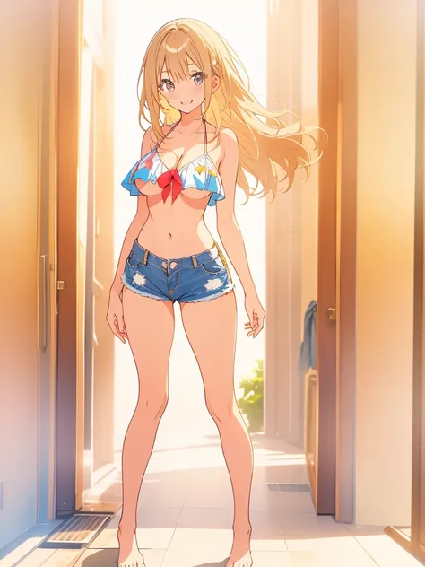 girl，（masterpiece，Highest quality），Street，(Brown Skin)，(Completely naked)，Bare shoulders、Gal、Blonde、smile、passionate、Swimwear，long hair、(Underboob)，Big Breasts，Cleavage，bikini、looking at the camera、shoes、Micro Mini Denim Shorts，solo、Are standing、barefoot，