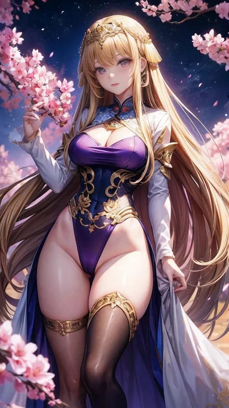 Qian Renxue, Young woman, goddess, long hair, golden hair, purple eyes, big breasts, stand, Perfect Body, Beautiful thighs, realistically