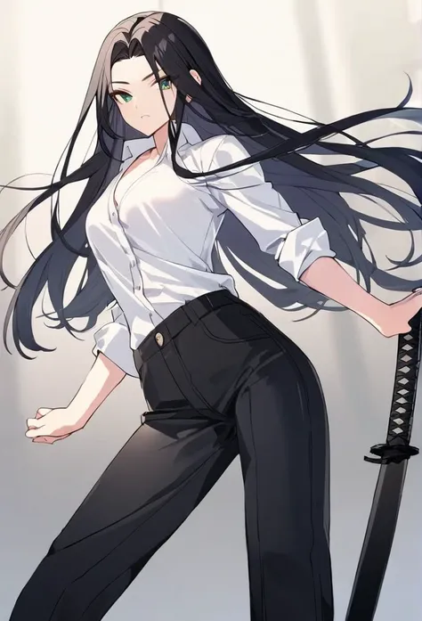 woman, black hair, long hair, open forehead, no bangs, green eyes, white button-down shirt, black pants, katana