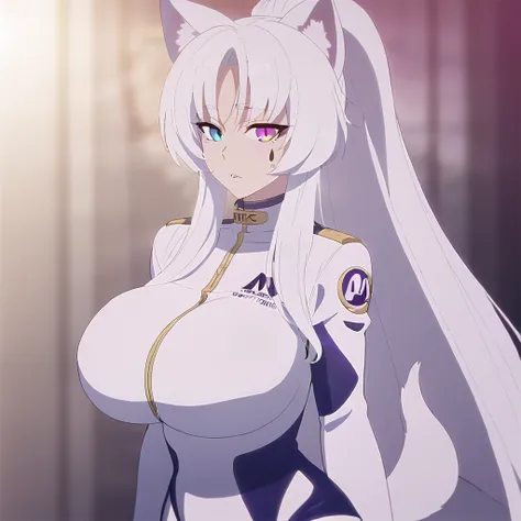 beautiful white neko, long white neko ears, white neko tail, anime style, purple eye, blue eye, big breasts, extremely detailed eyes and face, Wearing White and Purple Race Suit, white long hair, heterochromia, wide waist, mature woman, black small beauty ...