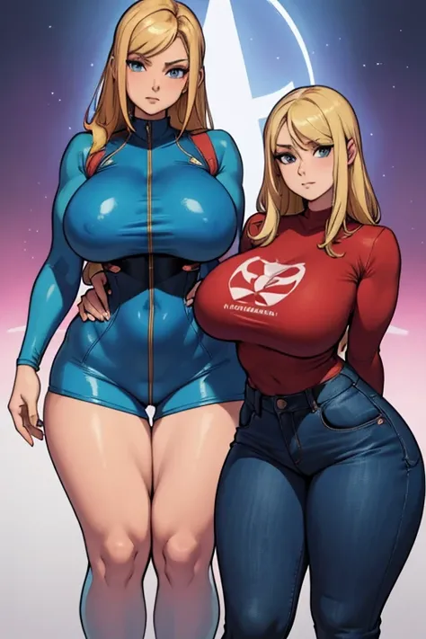 Samus aran in tight jeans and a blue top is posing for a picture, an album cover by Louisa Puller, instagram, tachisme, thicc, domme mistress, skinny waist and thick hips, thick thighs, tight outfit, tight attire, insanely inflated hips, thick, thick thigs...