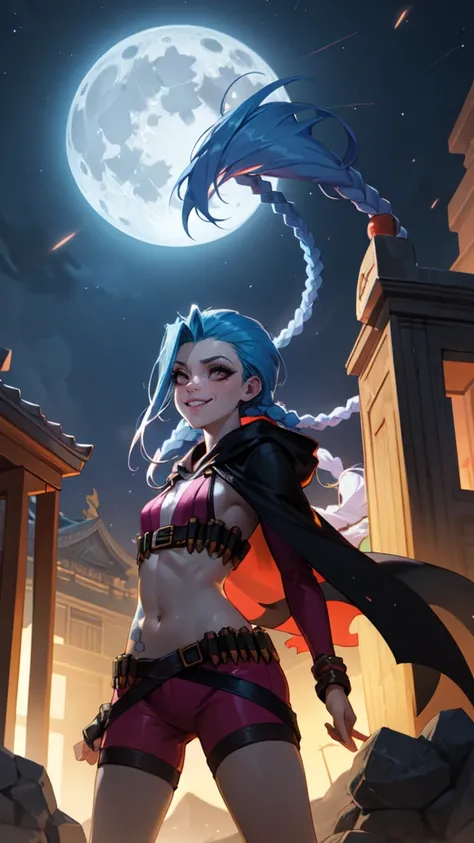 ((best quality)), ((highy detailed)), artwork, , (1 girl), (standing alone), dynamic pose, cowboy shot, (((very wide shot))), Jinx (League of Legends), hair blue, ((very long hair)), twin braids, pink eyes, tattoos, breasts small, he used to smile, ((Hoode...