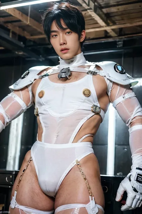 (masutepiece,High resolution,ultra - detailed:1.0),1(man,Robot man),Perfect male body,Look at the camera,Delicate eyes and delicate face,extremely details CG,Unity 8k wallpaper,intricate-detail,solo person,Detailed face, (Futuristic super tight spandex whi...