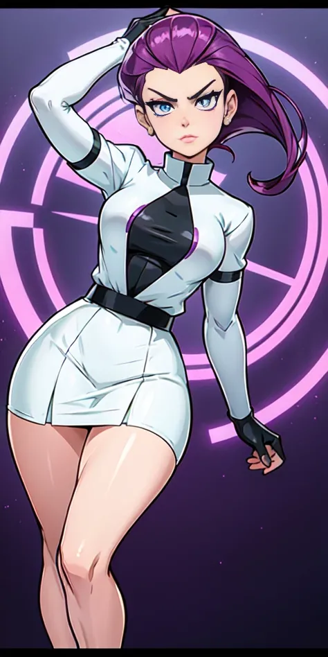 pokemon jessie, slicked back hair, wide,purple hair,Blue eyes, Team Rocket ,Team Rocket uniform ,((300% this transparent: white 30% Skirt, Cultivation 30% above)),Thighs,elbow gloves