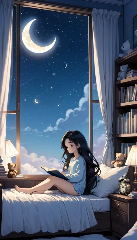 lineart, 
1girl, solo, long hair, black hair, long sleeves, sitting, sky, shorts, barefoot, cloud, indoors, pillow, book, bare legs, window, bed, night, on bed, stuffed toy, moon, stuffed animal, curtains, star (sky), night sky, desk, starry sky, bubble, t...