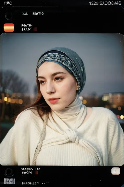 polaroid photo, night photo, photo of 24 y.o beautiful woman, pale skin, bokeh, motion blur,hijab,tied,rope