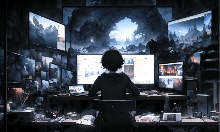  The protagonist sits at a cluttered desk with their laptop open. The screen shows a YouTube video editing software. Tabs at the top include a “sea art” website.