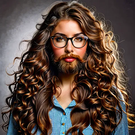 bearded woman, long frizzy brown hair, wears glasses, geek nerd