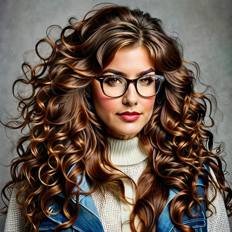 bearded woman, long frizzy brown hair, wears glasses, geek nerd