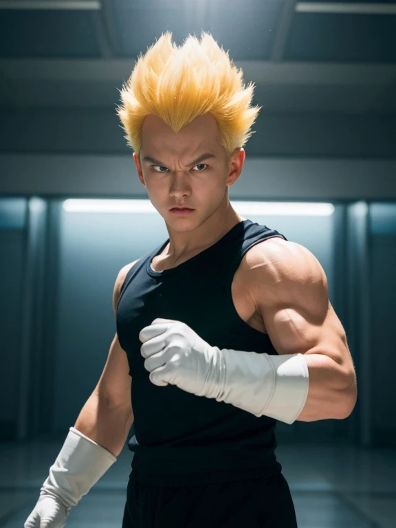 (masterpiece, best quality: 1.2), solo, male focus, 1boy, vegeta, furious, fighting pose, bruised, looking at the viewer, blonde hair spiked, black eyes, armor, white gloves, realistic