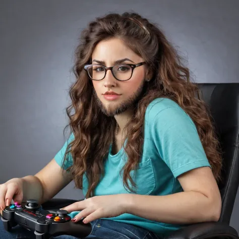 
bearded woman, long frizzy brown hair, wears glasses, geek nerd, plays video games