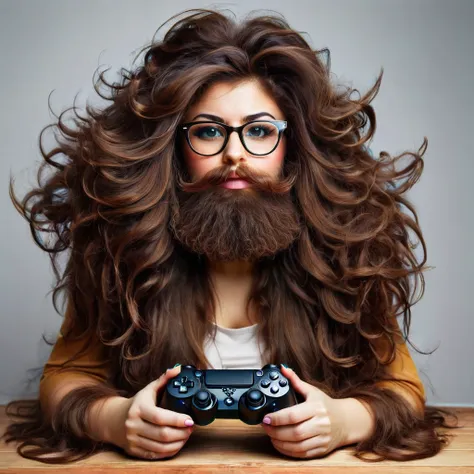 bearded woman, long frizzy brown hair, wears glasses, geek nerd, plays video games