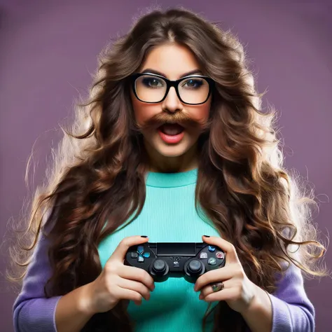 
bearded woman, long frizzy brown hair, wears glasses, geek nerd, plays video games