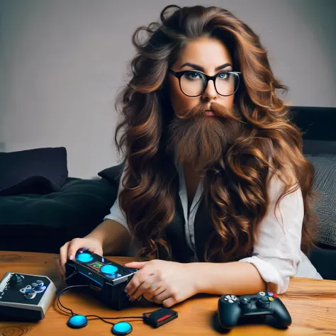 bearded woman, long frizzy brown hair, wears glasses, geek nerd, plays video games