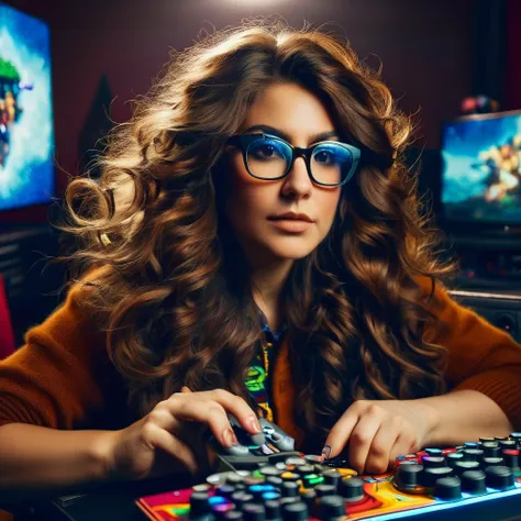 
bearded woman, long frizzy brown hair, wears glasses, geek nerd, plays video games