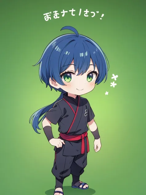 1boy,ninja,chibi,upright,green background,smile