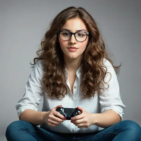 
bearded woman, long frizzy brown hair, wears glasses, geek nerd, plays video games