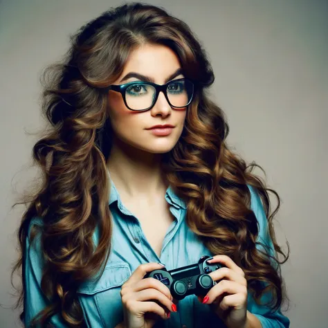 
bearded woman, long frizzy brown hair, wears glasses, geek nerd, plays video games