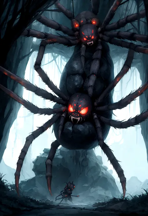 Japanese Yokai「Earth Spider（Tsuchigumo）」Please draw。Earth Spiderは巨大な蜘蛛の姿をした妖怪で、Has a human face。The body is hairy、Eight long legs growing from its back。He has many small spiders following him.。Set a dark cave or old ruins in the background.、Earth Spiderが獲物...