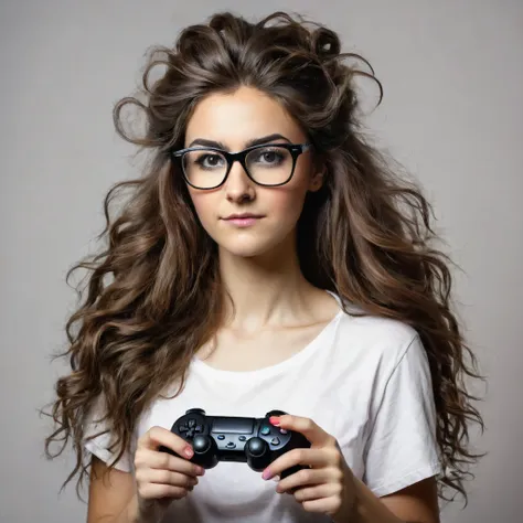 bearded woman, long frizzy brown hair, wears glasses, geek nerd, plays video games