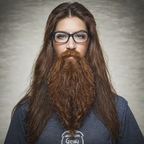 bearded woman, long frizzy brown hair, wears glasses, geek nerd, plays video games