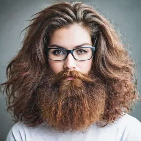 bearded woman, long frizzy brown hair, wears glasses, geek nerd, plays video games