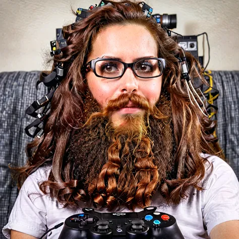 bearded woman, long frizzy brown hair, wears glasses, geek nerd, plays video games