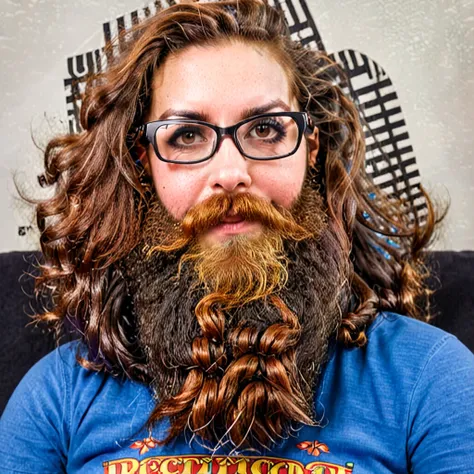 
bearded woman, long frizzy brown hair, wears glasses, geek nerd, plays video games