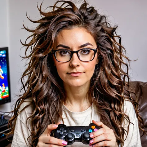 bearded woman, long frizzy brown hair, wears glasses, geek nerd, plays video games