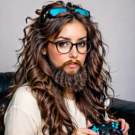 bearded woman, long frizzy brown hair, wears glasses, geek nerd, plays video games