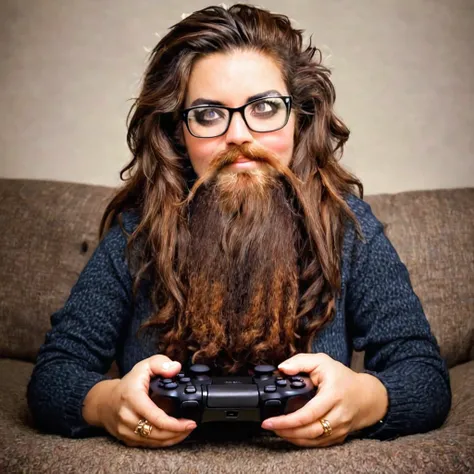 
bearded woman, long frizzy brown hair, wears glasses, geek nerd, plays video games