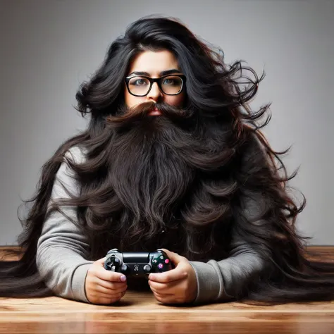 woman with huge and beautiful beard, long black hair, wears glasses, sweatshirt, geek nerd, plays video games