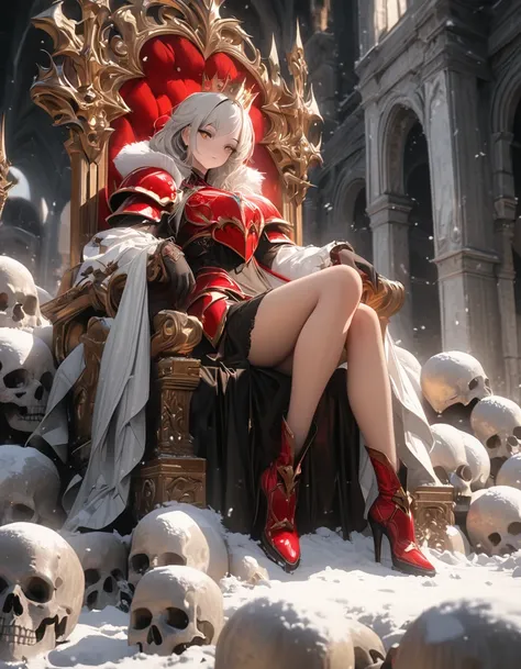 Full body portrait，Low Angle View，A sexy and charming woman sits on a magnificent huge throne on a pile of skulls，Wearing gorgeous and exquisite accessories and heavy black and red armor，Golden crown，Thick Scepter，gem，Luminescence，Luminescence特效，Bronzed sk...