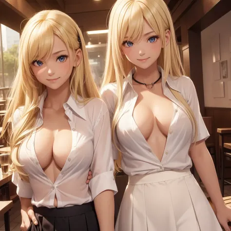 1girl only, smile, ((long blonde hair,Between dates.)),((open shirt, white collar shirt)), ((cleavage is visible.)), medium breasts, skirt, sarcastic, shy, blushing, 1girl ,((tanned, fair skin)),((short sleeves))