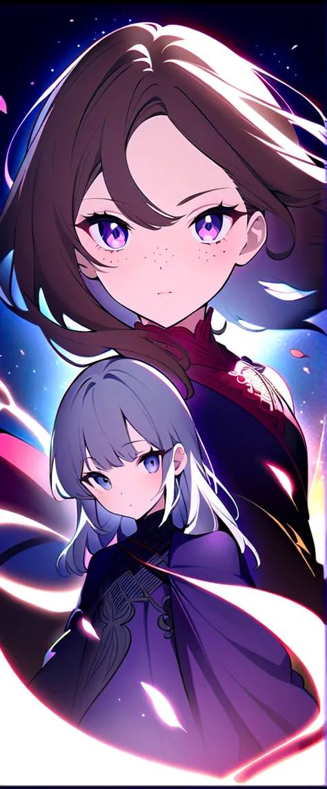 beautiful anime girls, two girls kissing, one girl has short wavy brown hair, the other has silver hair, freckles. Dark purple robes, long skirt, petals, dark eyelashes, perfect eyes, perfect face, intricate, intricate details, epic, character portrait, ci...