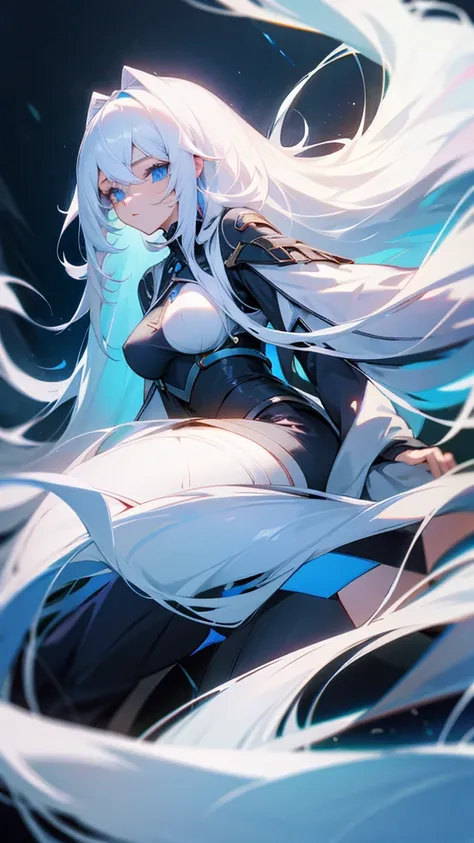 A woman with long white hair,Blue eyes,