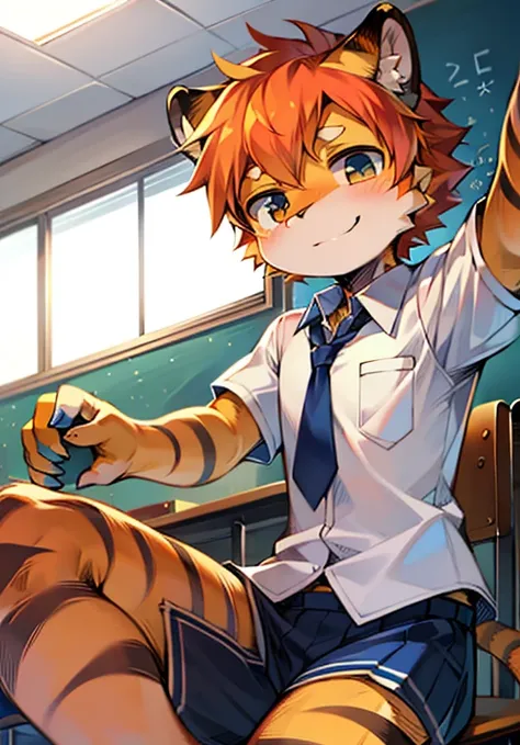 Orange hair and black stripes Shota Tiger in the classroom wearing blue and white school uniform smiling shyly at school