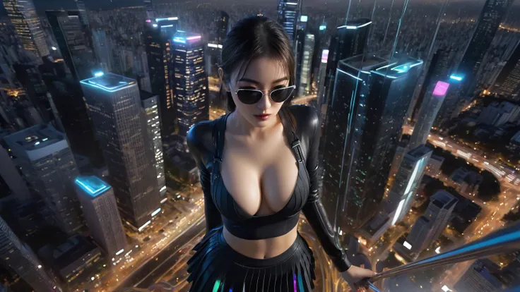 aerial view. Estilo: arte conceitual. A cena: Futuristic cityscapes with all-glass towering skyscrapers and sleek aerodynamic vehicles speeding through the air. High-resolution OLED GUI interfaces in the building, The windows are filled with transparent da...