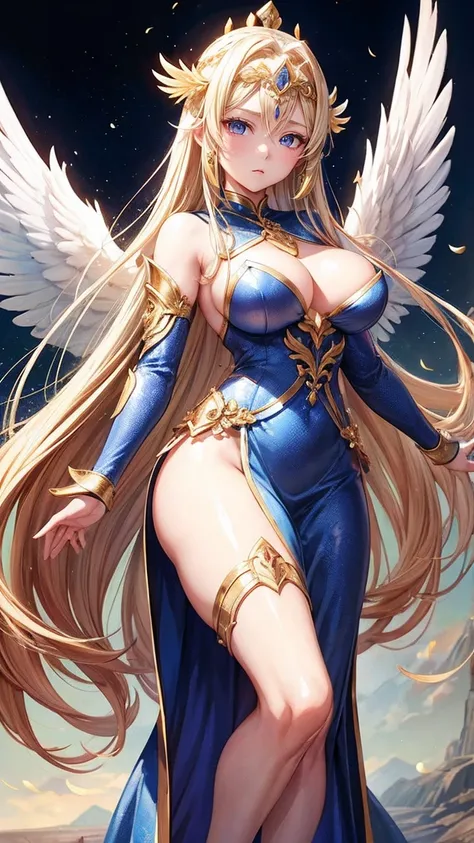 Qian Renxue, Young woman, deityธิดา, six wings, Golden wings, angel wings, long blonde hair, open forehead, crown forehead jewelry, crown on back of head, The eyes are detailed., light blue eyes, big breasts, light purple dress, golden chest armor, silver ...