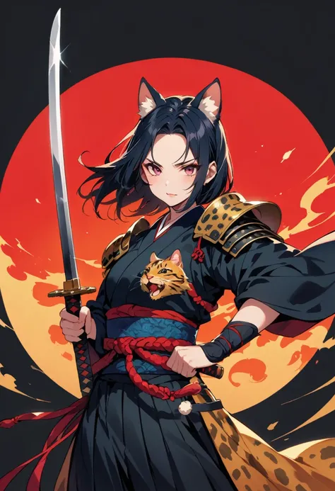 female samurai，has a leopard on, with cat ears, pretty, big , winks at the viewer, Sword in both hands, you see the whole body, runs to the spectator