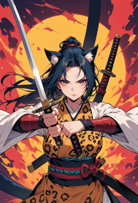 female samurai，has a leopard on, with cat ears, pretty, big , winks at the viewer, Sword in both hands, you see the whole body, runs to the spectator