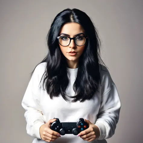 woman with huge and beautiful beard, long black hair, wears glasses, sweatshirt, geek nerd, plays video games