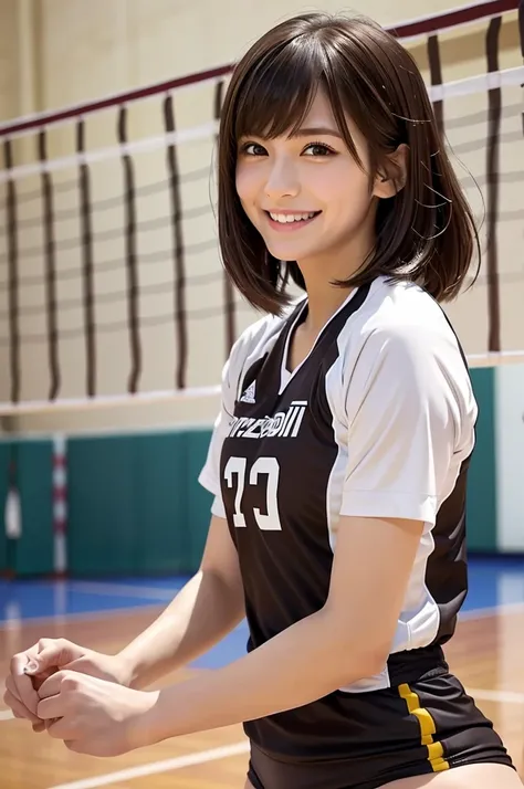 only one female, /(volleyball uniforms/), /(dark brown hair/) bangs, blushing smile, (masterpiece of the highest quality:1.2) de...