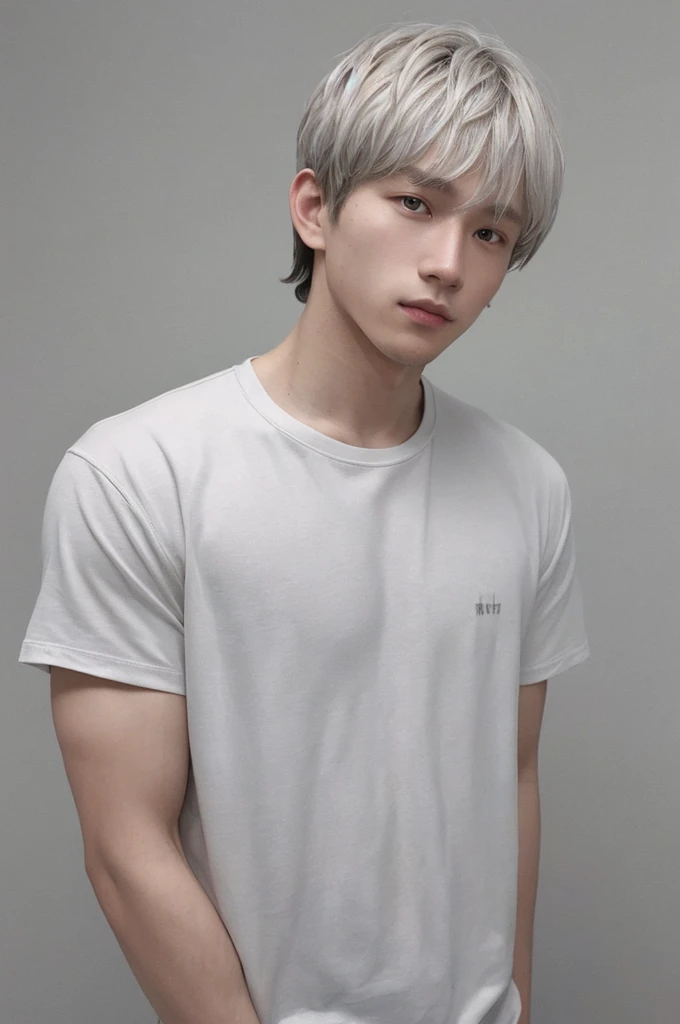 1 man, with white skin, short, wavy hair, mullet haircut, light grayish eyes, black clothes