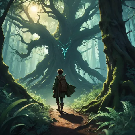 Under the canopy of ancient, twisted trees, a young male teenager with short curly brown hair stands at the edge of a foreboding forest. His simple brown farmers outfit, worn and patched, contrasts sharply with the shadowy, mystical ambiance of the woods.
...