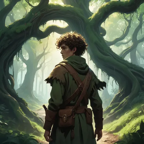 Under the canopy of ancient, twisted trees, a young male teenager with short curly brown hair stands at the edge of a foreboding forest. His simple brown farmers outfit, worn and patched, contrasts sharply with the shadowy, mystical ambiance of the woods.
...