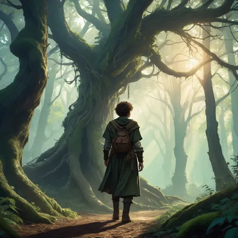 Under the canopy of ancient, twisted trees, a young male teenager with short curly brown hair stands at the edge of a foreboding forest. His simple brown farmers outfit, worn and patched, contrasts sharply with the shadowy, mystical ambiance of the woods.
...