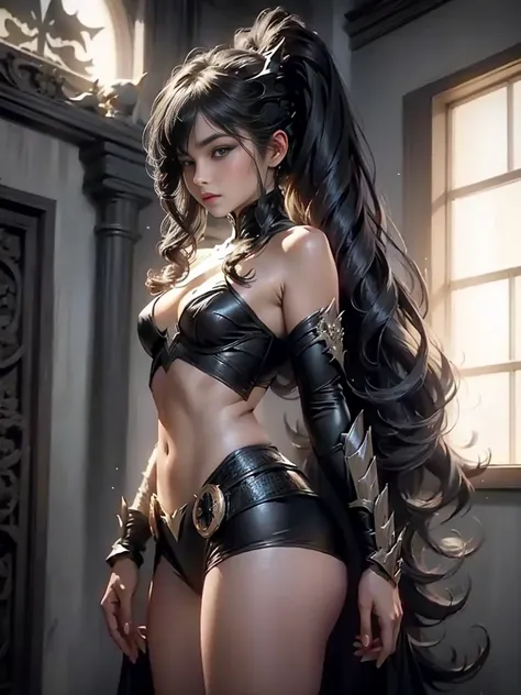 Beautiful woman with long hair defines her body and wears the role of Batman