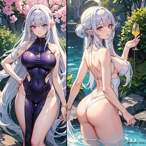 (Very detailed best high quality image, very detailed background, very detailed character and image) character alone, multiple views: front view, back view
1elfwomanmilf: silver hair, long spiky messed silver hair with golden ahoge, purple eyes, pointy sho...