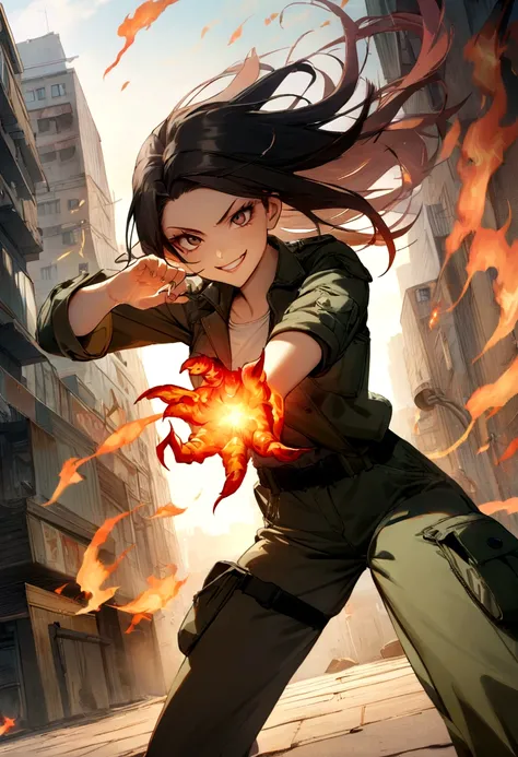 best quality, 8k, woman, young, 19 years old, top, cargo pants, wicked smile, dynamic pose, city scenery, pc wallpaper, fire in hands, combat pose,